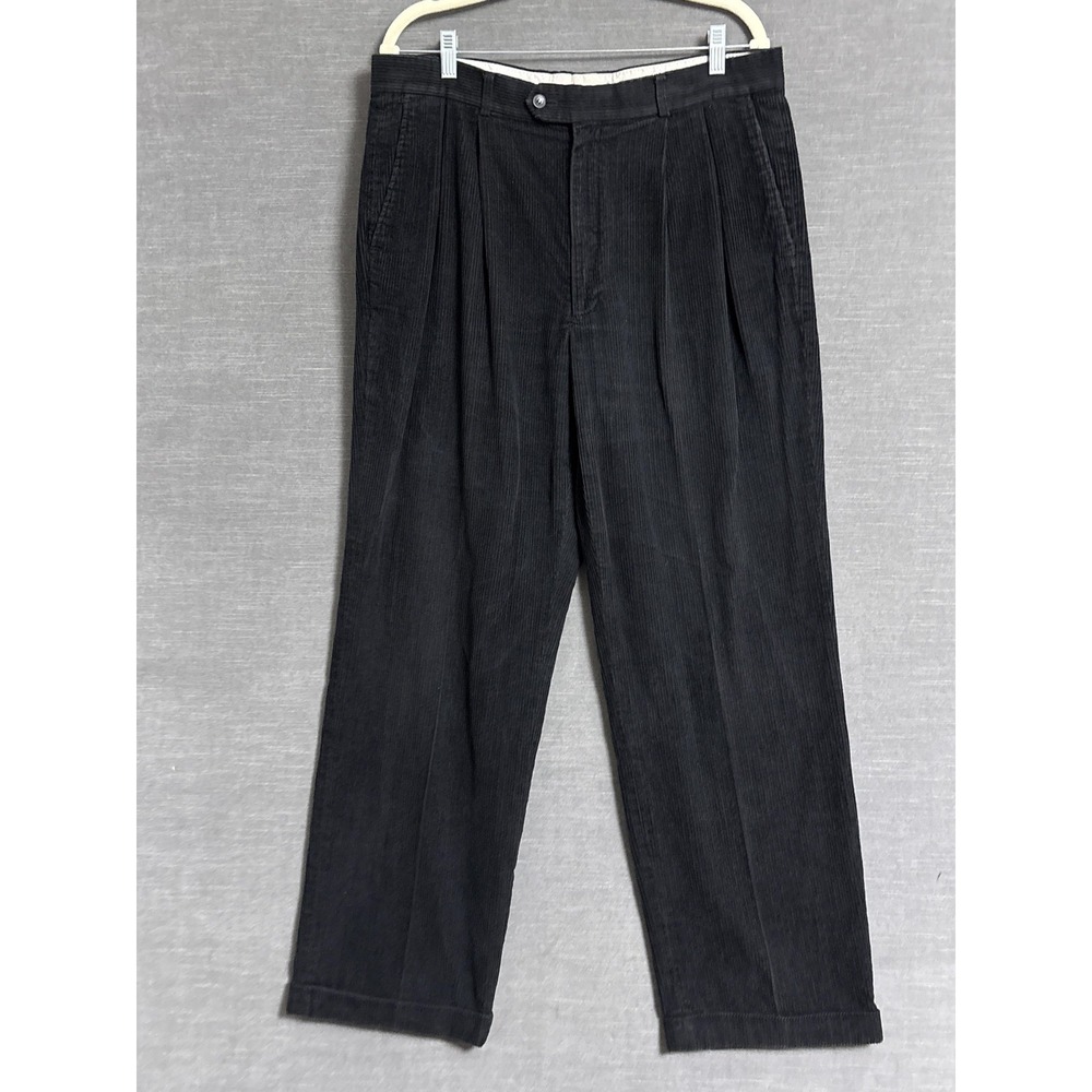 Vintage Louis Raphael Pants 36x31 Straight Black Cotton Corduroy Pleated Cuffed